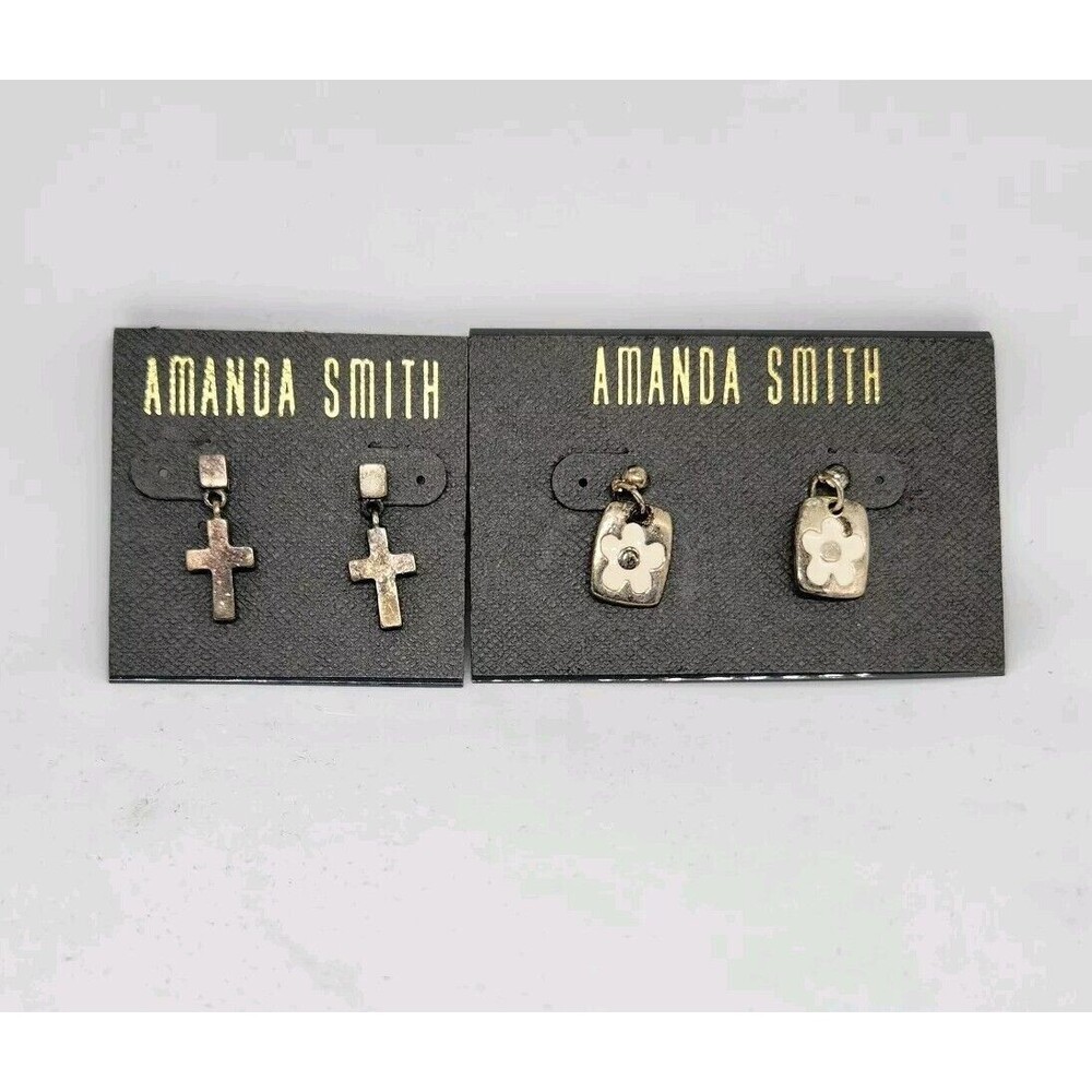 2 Pair Of Amanda Smith Earrings Pierced Cross Flower Dangling NEW See Pictures